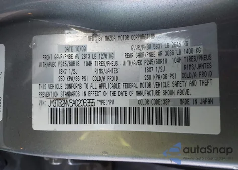 2010 Mazda Cx-9 Sport из США, поврежденный, VIN JM3TB2MV6A0205355